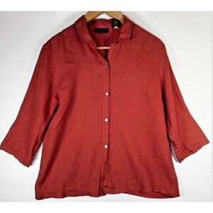 Banana Republic Shirt Womens Medium Red Linen Button Up 3/4‎ Sleeve Top